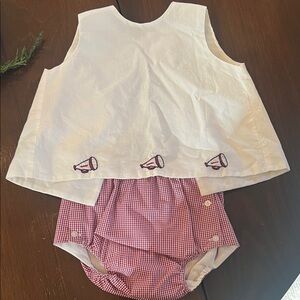 White and Maroon Girls Embroidered cheerleader megaphone Diaper Cover Set
